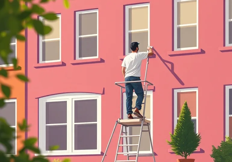 Peintre sur échafaudage traitant la façade d'une maison