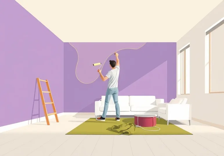 Peintre appliquant la peinture au rouleau sur un mur de salon